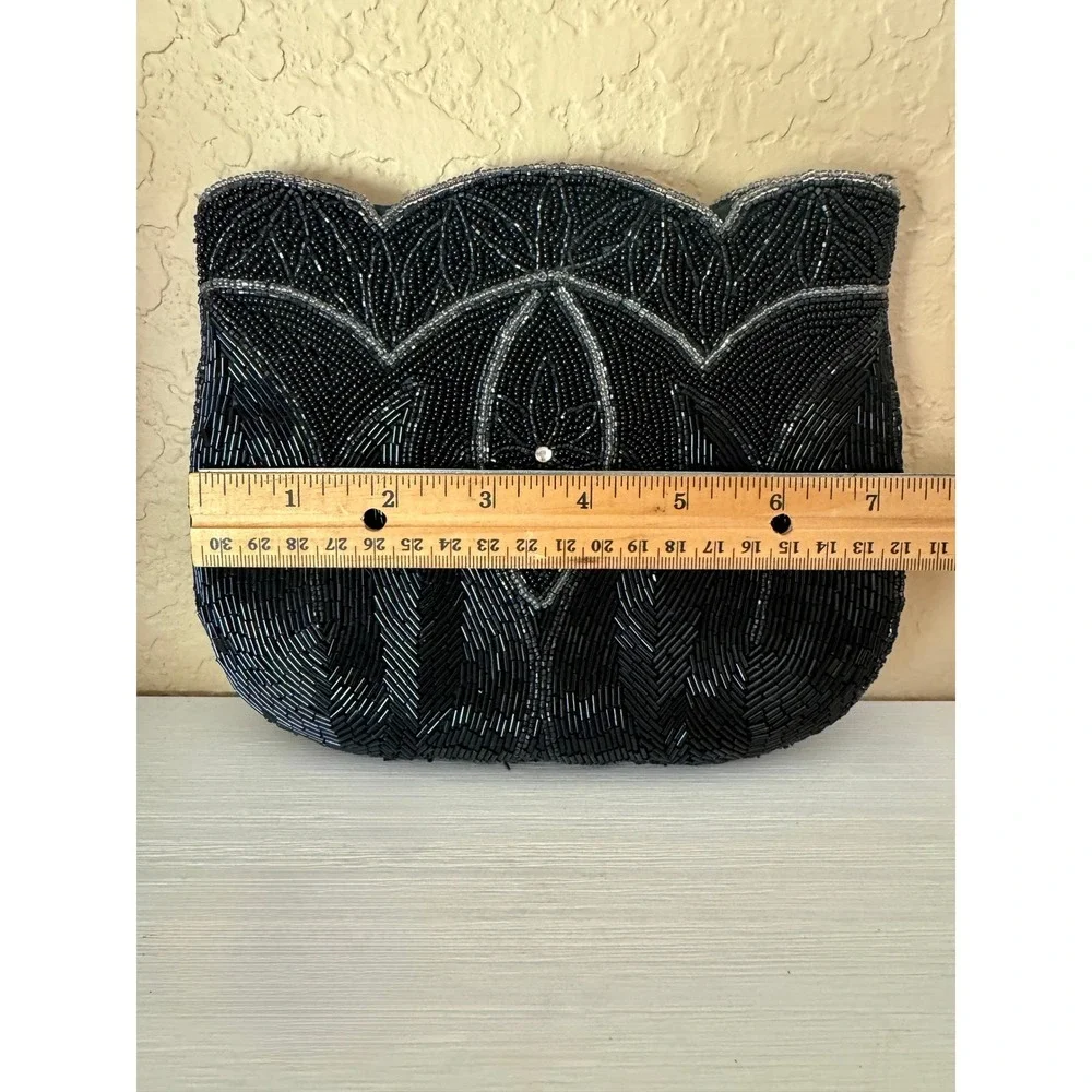 Vintage Black Beaded Clutch Evening Bag Art Deco Style Handbag Scalloped Floral - Picture 2 of 8